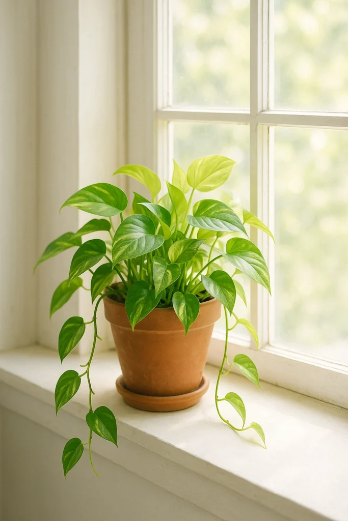 Pothos plant on a windowsill showing bright indirect light