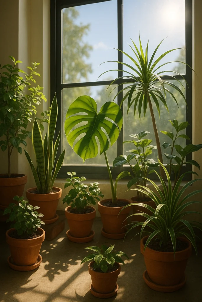 Indoor plants under natural light from a large window
